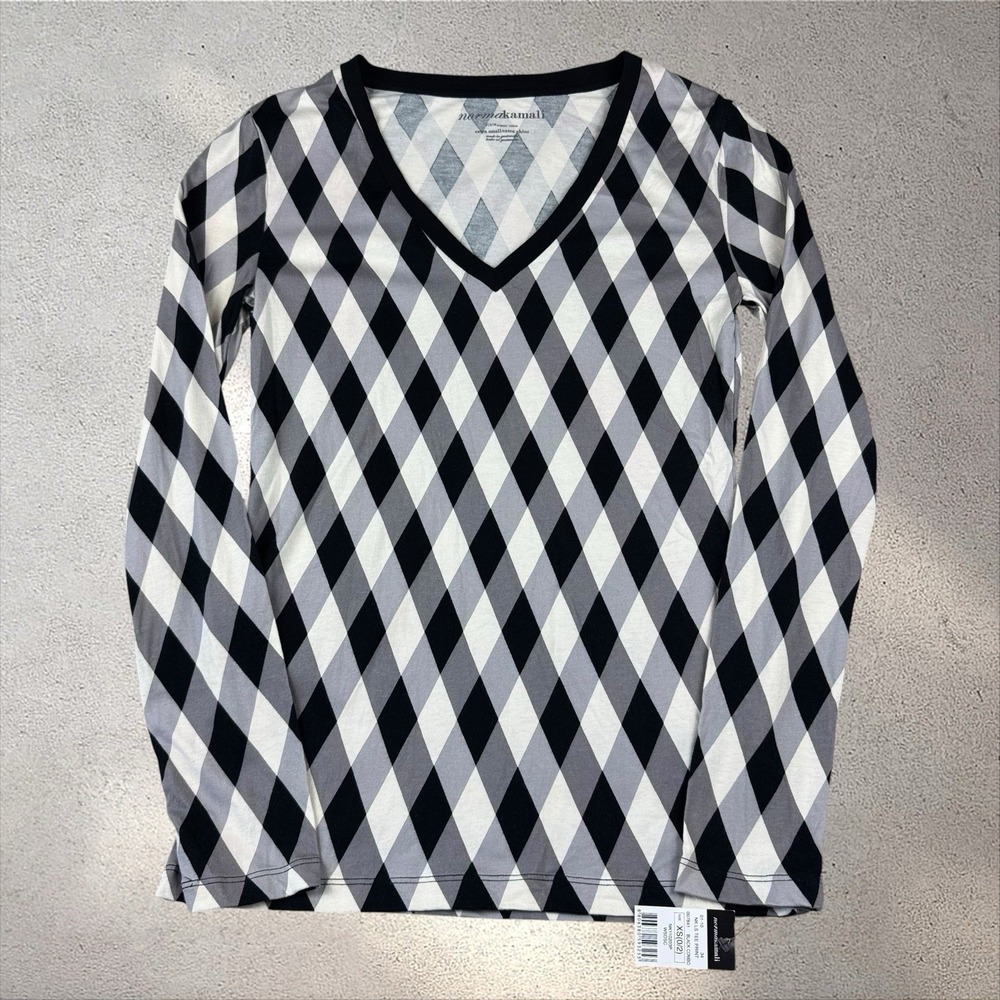 Norma Kamali Organic Cotton Long Sleeve Knit Black Argyle Long Sleeve Shirt Sz S